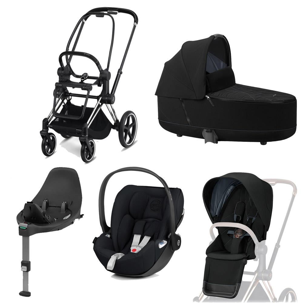Cybex Priam stroller Set Chrome Schwarz, carry cot, infant carrier Cloud Z + Base Z Deep Black