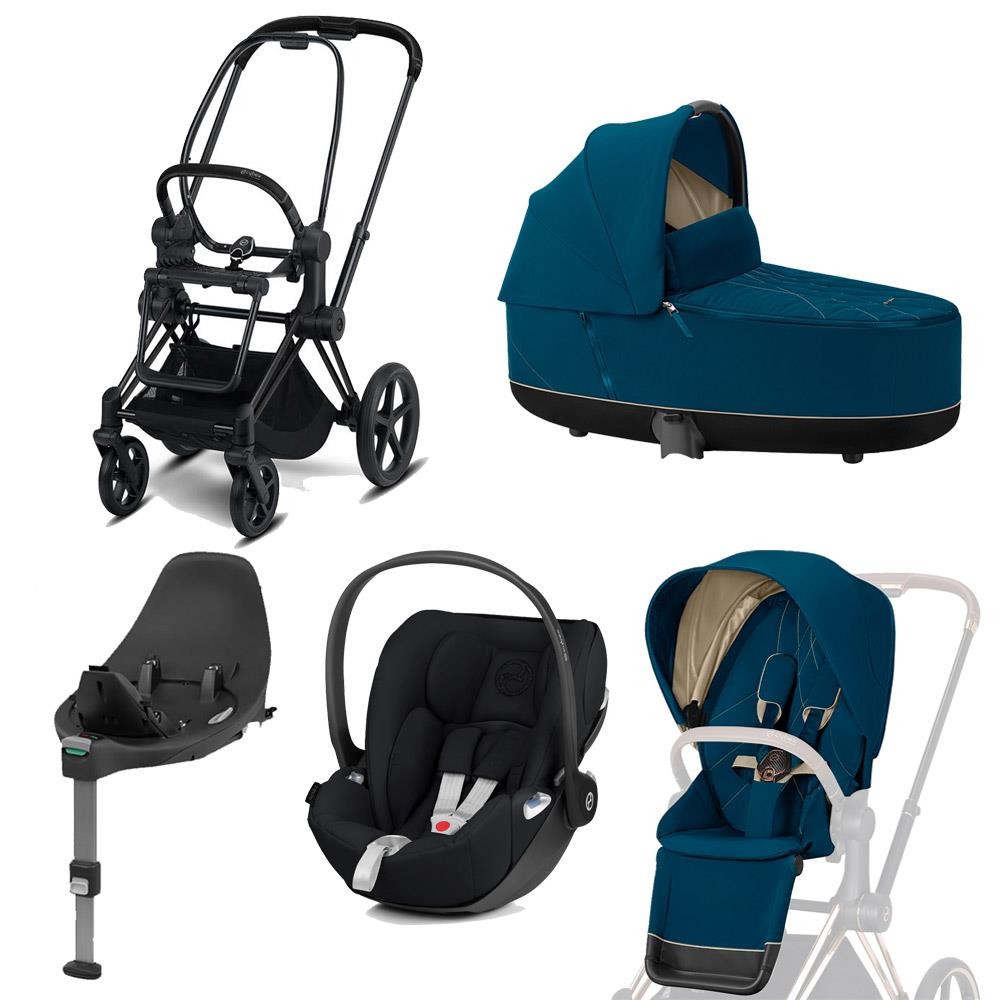 Cybex Priam stroller Set Matt Black, carry cot, infant carrier Cloud Z + Base Z Mountain Blue
