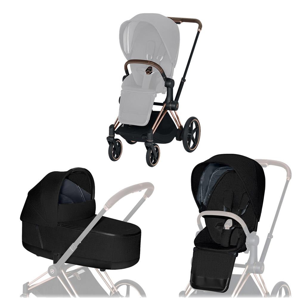 Cybex ePriam-stroller set Rahmen Rosegold, Seat Pack, Lux Carrycot Stardust Black Plus