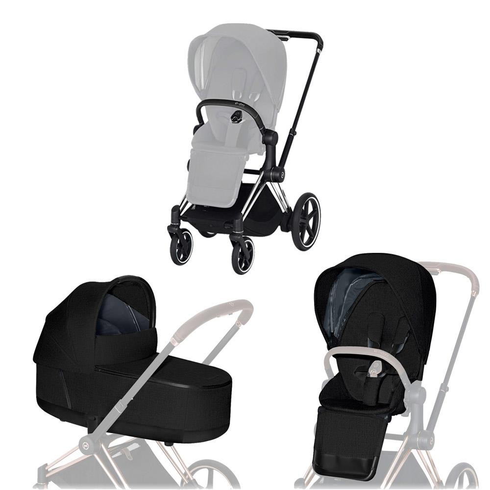 Cybex ePriam-Kinderwagenset Rahmen Chrome Black, Seat Pack, Lux Carrycot Stardust Black Plus